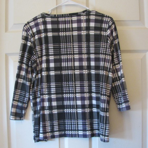 * 3/$15 Rebecca Malone Plaid Top Large EUC Purple White Gray Blouse - Picture 4 of 4
